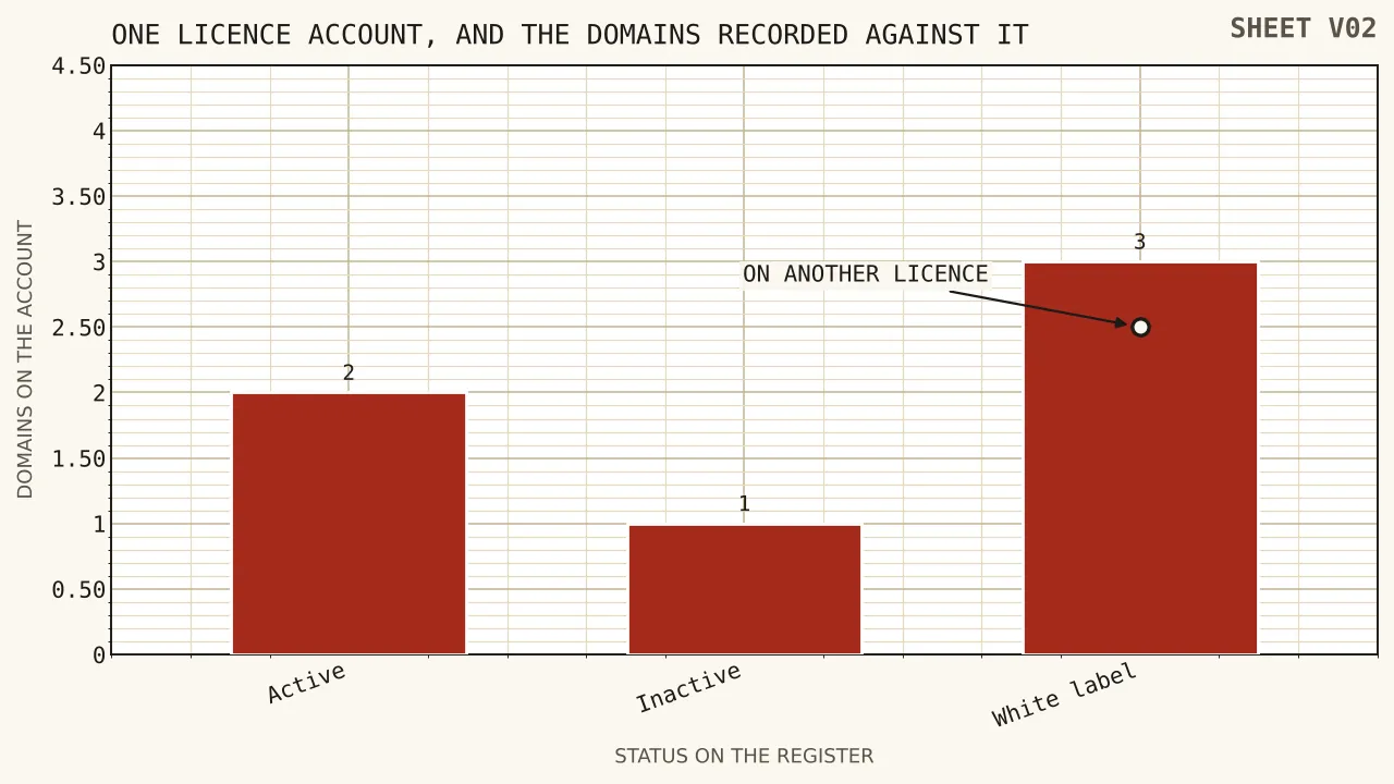 A diagram with one licence account at the centre and several brand domains attached to it, two marked active, one marked inactive and three marked white label, with the licensee named as the contracting party.